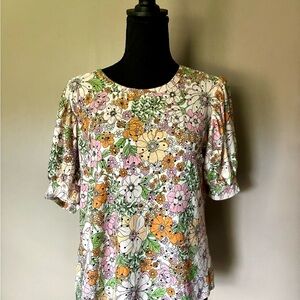 Kim & Cami Los Angeles Floral Print blouse pink green eyelet shirt Sz S top NWOT